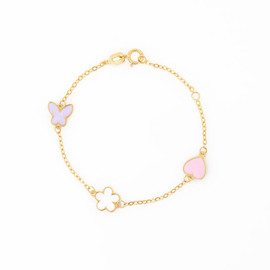 Pulsera Bebe Flor, Mariposa & Corazon
